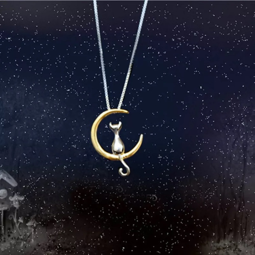 Kitty Cat on a Golden Crescent Moon Pendant